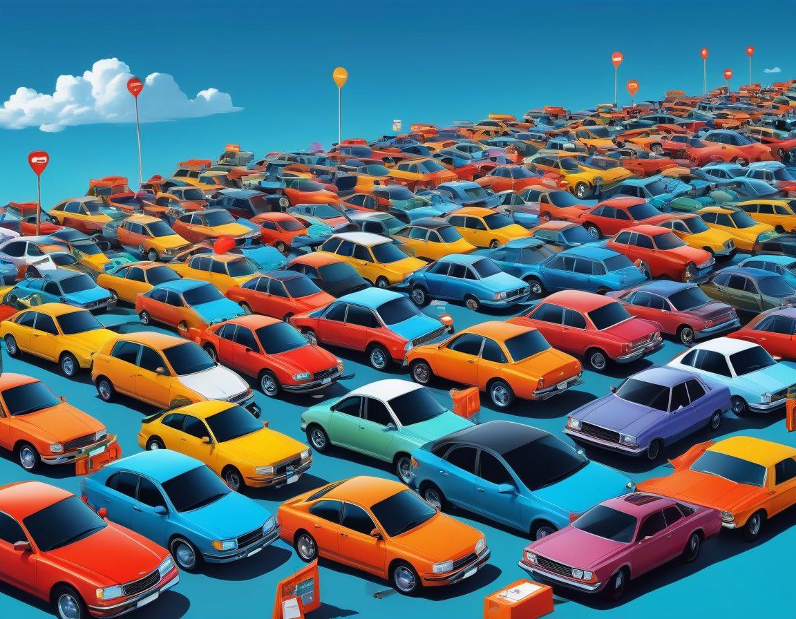 A visually engaging collage depicting a variety of cars parked under a clear blue sky, with a key unlocking a giant padlock symbolizing 'secrets' in the foreground. Include price tags indicating affordability floating around the cars, and icons representing comprehensive coverage like shields and check marks in the background. The scene should have an optimistic and enlightening feel, suggesting a guide to car insurance. vibrant colors. vector art.