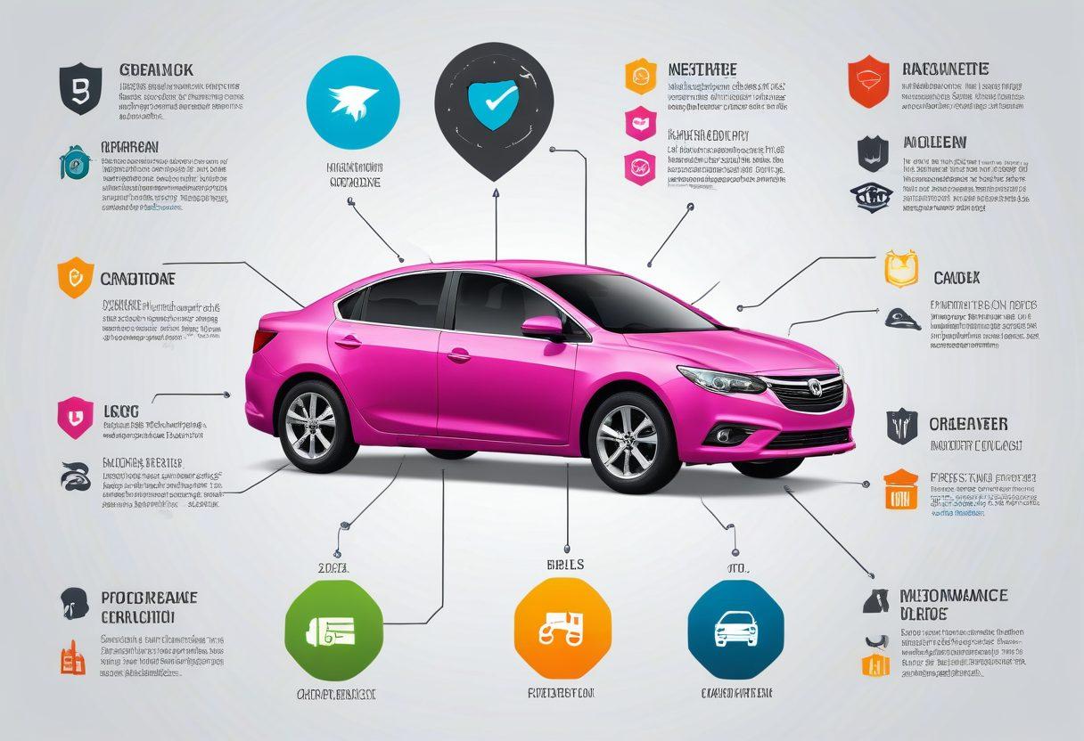 A detailed and visually engaging infographic showcasing various vehicle protection options, including a car shield, insurance policies, and maintenance checks. Surround the central car illustration with icons of savings, like coins and piggy banks, while incorporating a clear checklist of protective measures. Use vibrant colors and a clean, modern design to draw attention and enhance understanding. super-realistic. vibrant colors. infographic style.