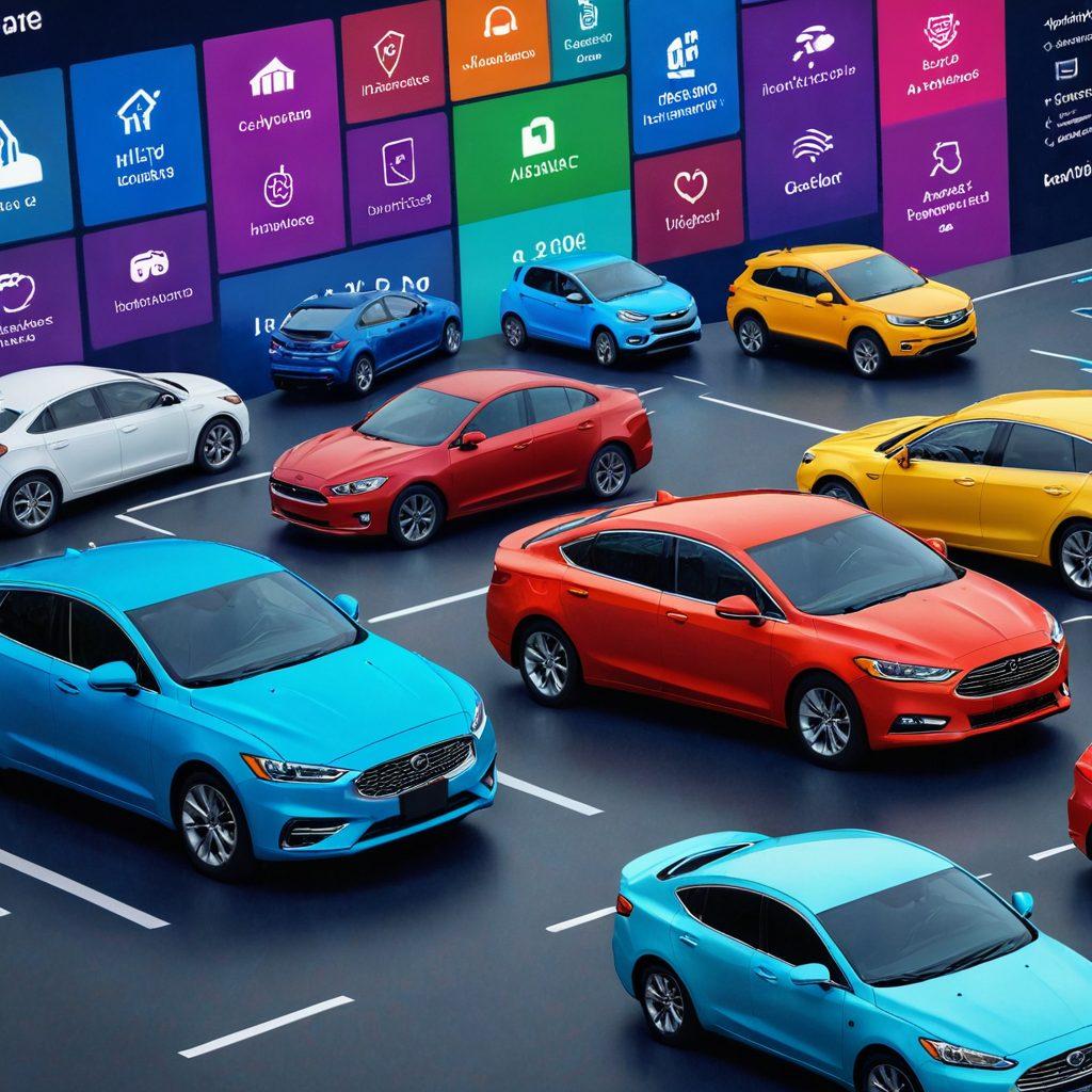 A diverse group of drivers from different backgrounds joyfully interacting with a digital interface displaying instant auto insurance quotes. The scene should have colorful charts and numbers flying around, symbolizing tailored coverage options. Include a car in the foreground representing different types of vehicles. Bright and inviting atmosphere, emphasizing the ease and accessibility of the process. vibrant colors. super-realistic.